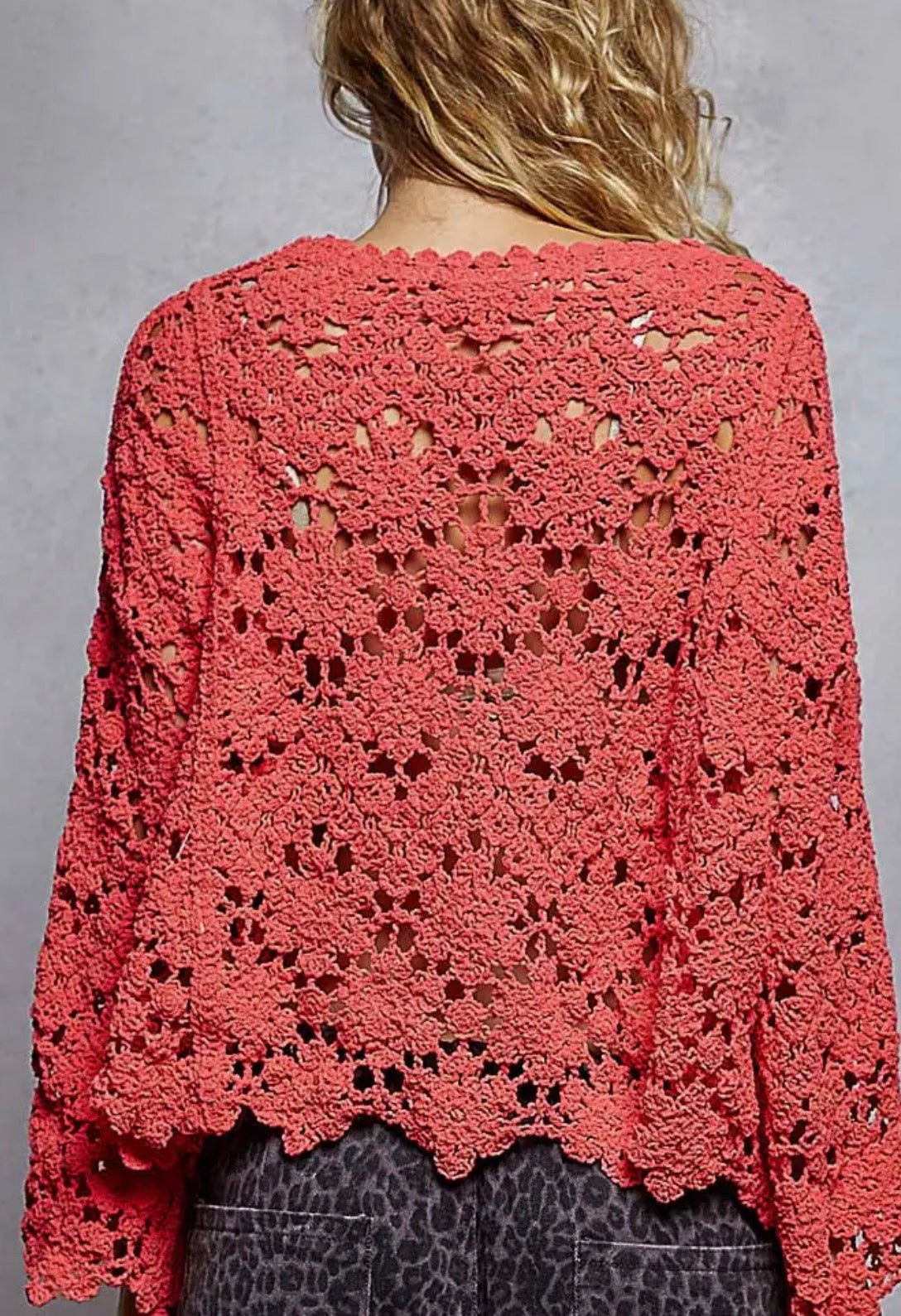 Loose Fit Apple Red Crochet Sweater Top