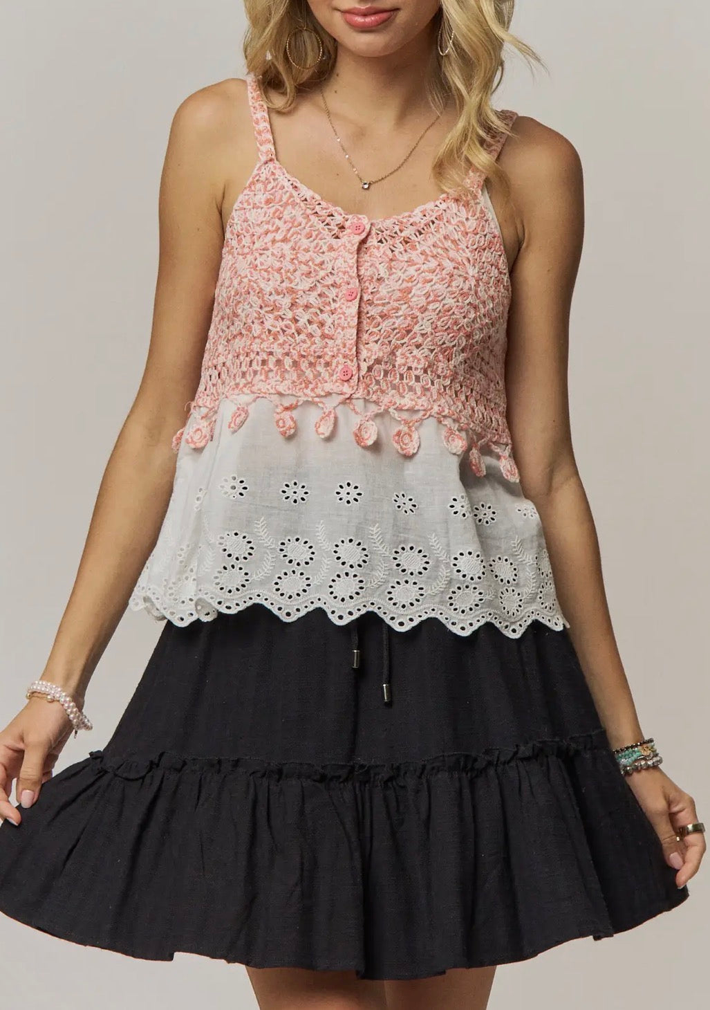 Pink Crochet Eyelet Camisole Top