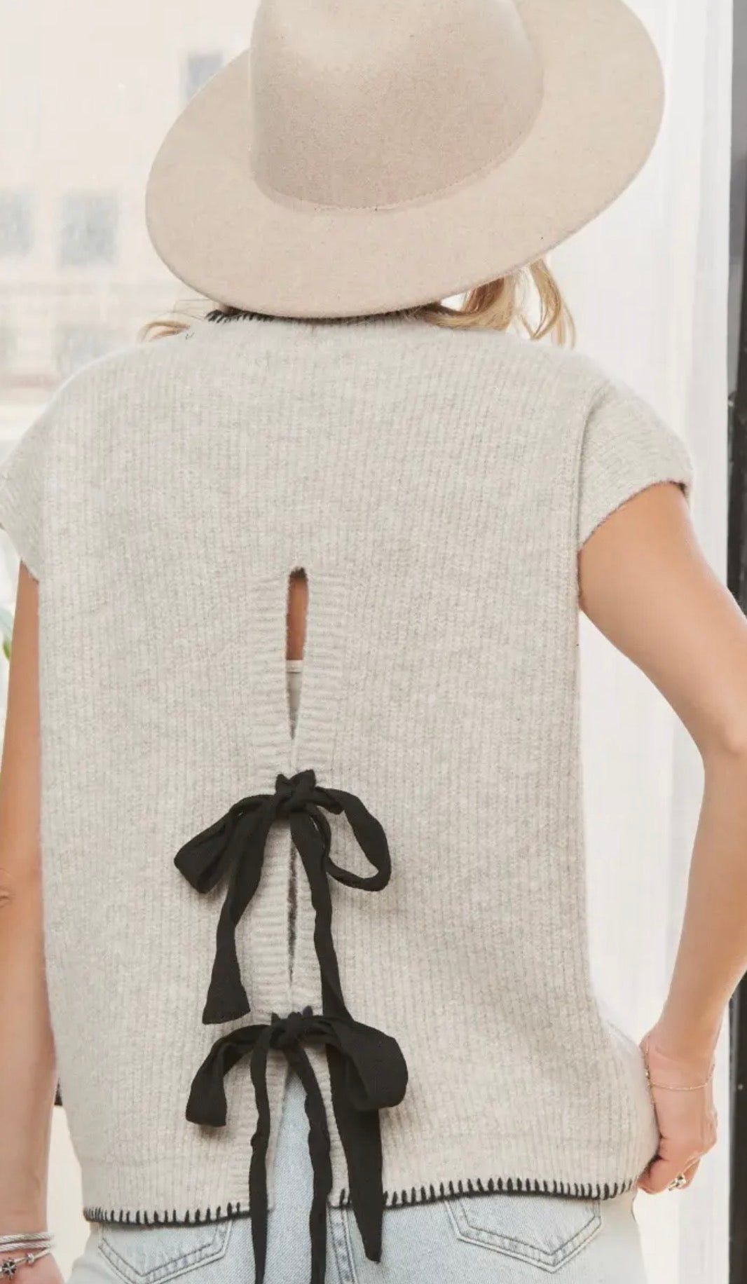 Light Grey Sweater Top with Black Ribbon Tie Back