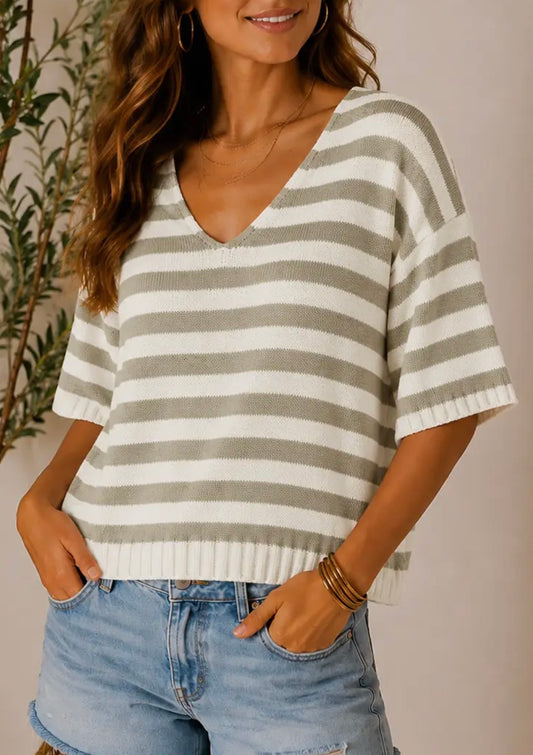 Grey Stripped Short Sleeve V-Neck Knit Top