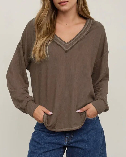 Mocha V-Neck Long Sleeve Rib Knit Top