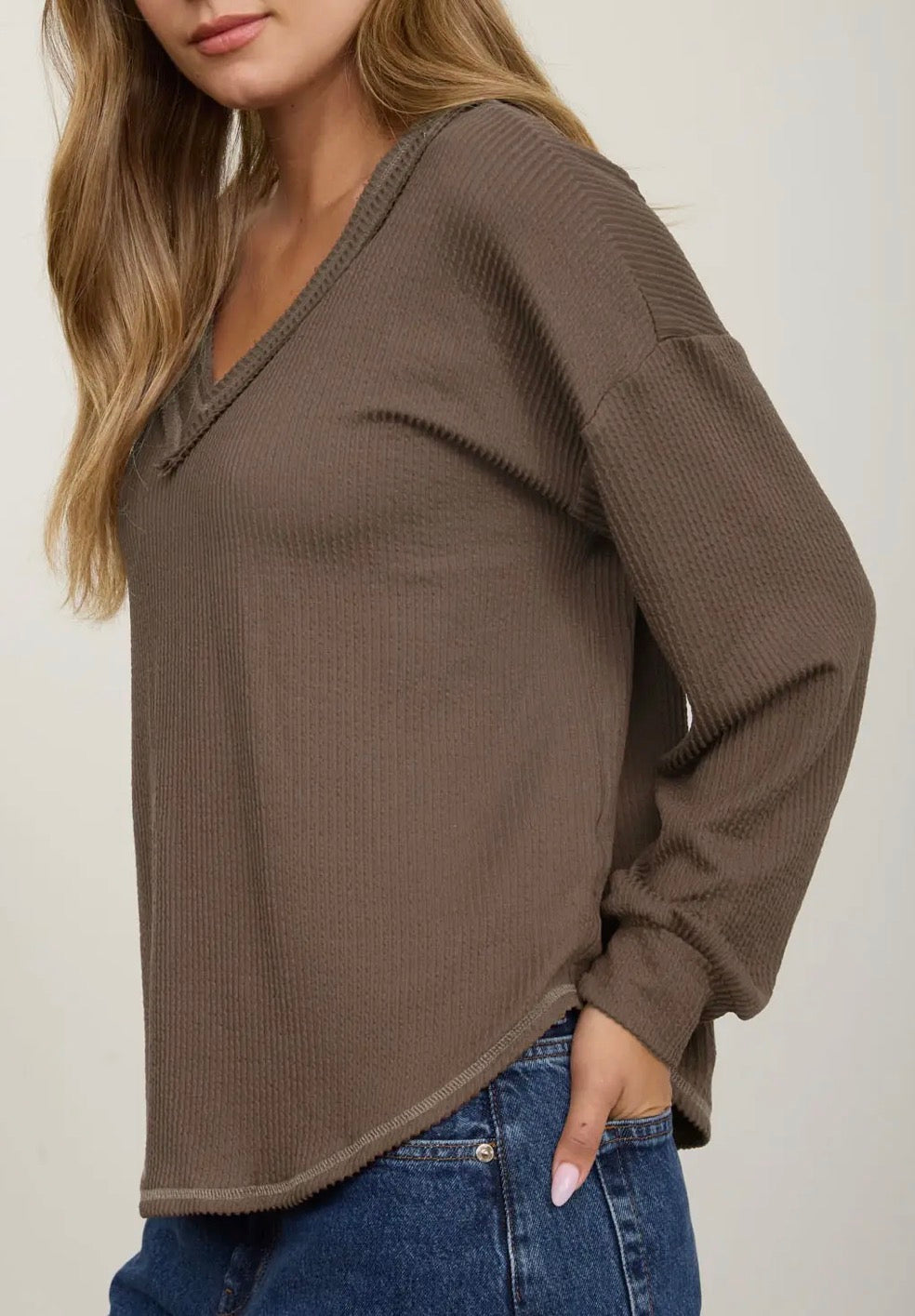 Mocha V-Neck Long Sleeve Rib Knit Top