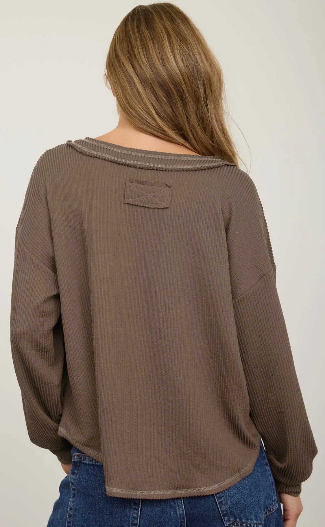 Mocha V-Neck Long Sleeve Rib Knit Top