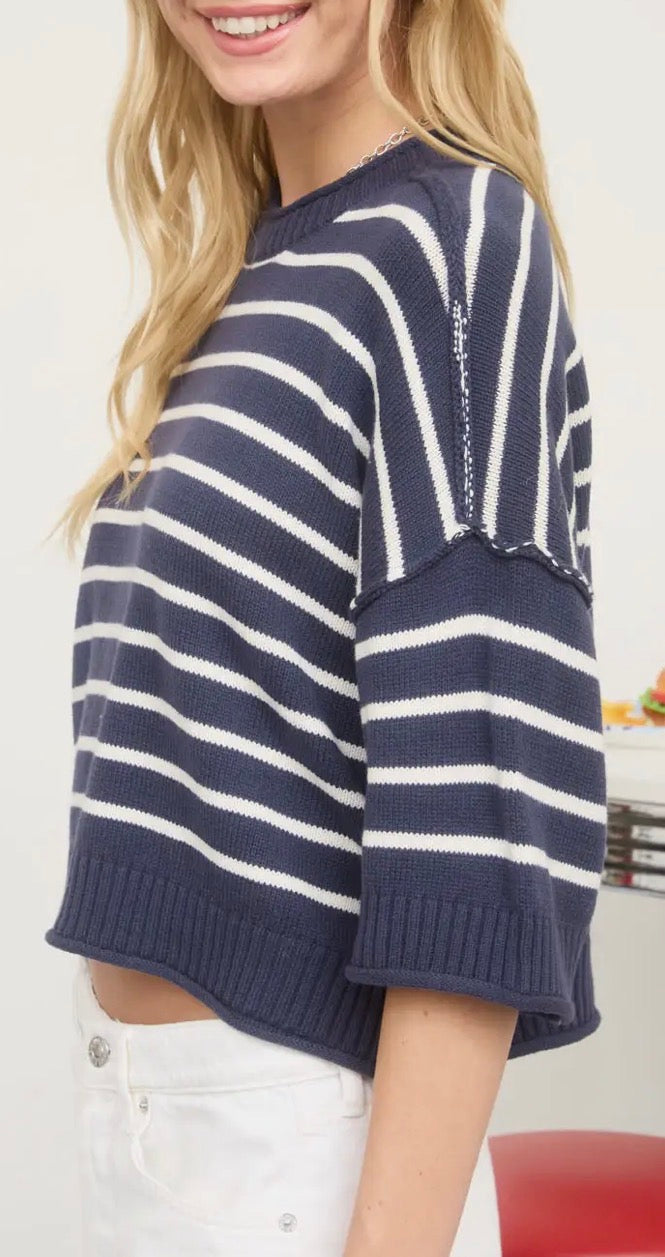 Navy & White Short Sleeve Pullover Sweater