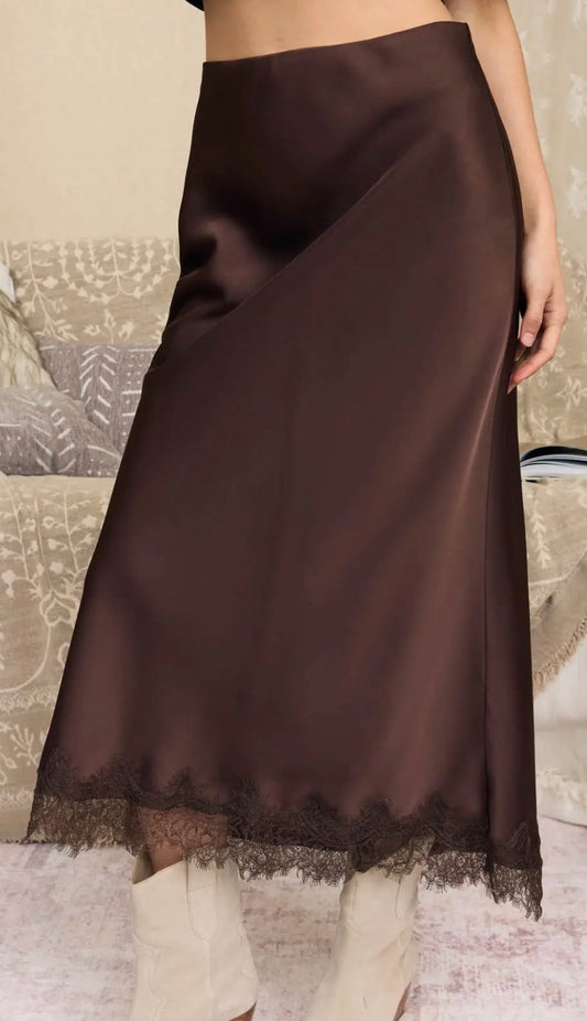 Satin Dark Brown Skirt with Lace Trim