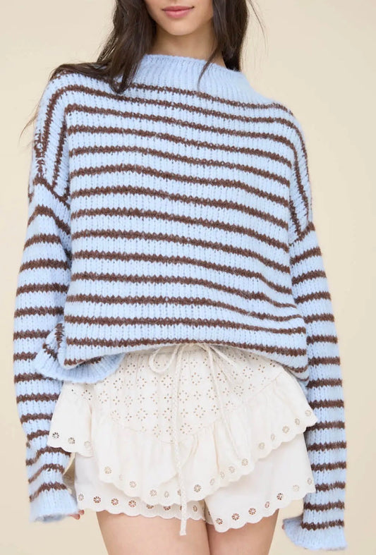 Striped Baby Blue & Brown Rolled Edge Sweater