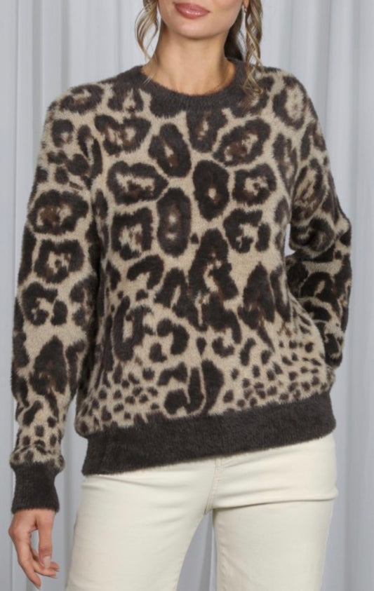 Fluffy Leopard Crewneck Fuzzy Sweater